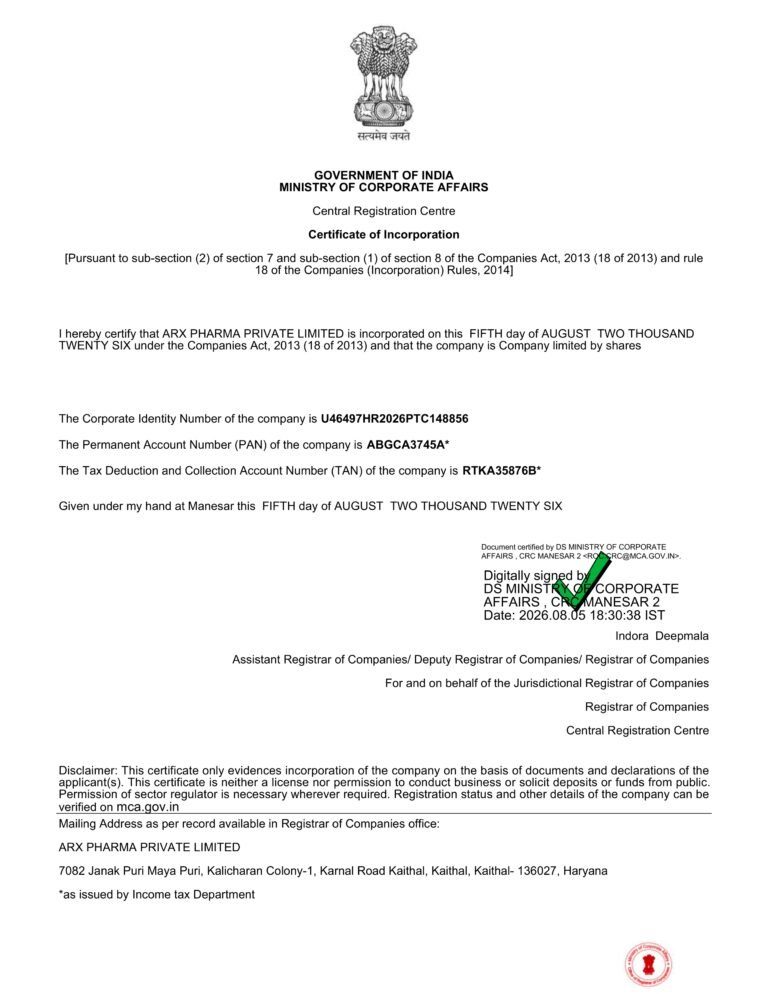 Certificate of Incorporation issued by the Ministry of Corporate Affairs to ARX PHARMA PRIVATE LIMITED