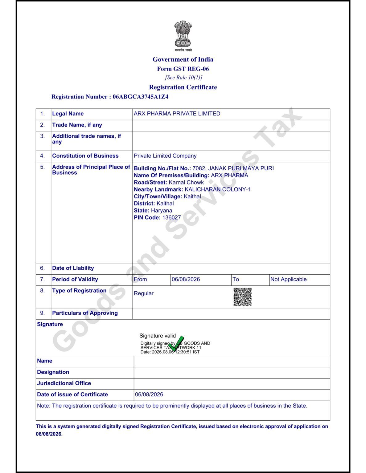 GST Registration Certificate - ARX PHARMA PRIVATE LIMITED