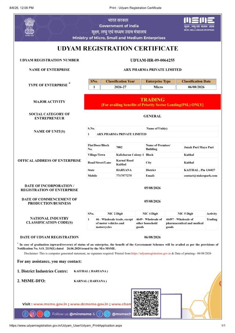 Udyam MSME Registration Certificate issued to ARX PHARMA PRIVATE LIMITED