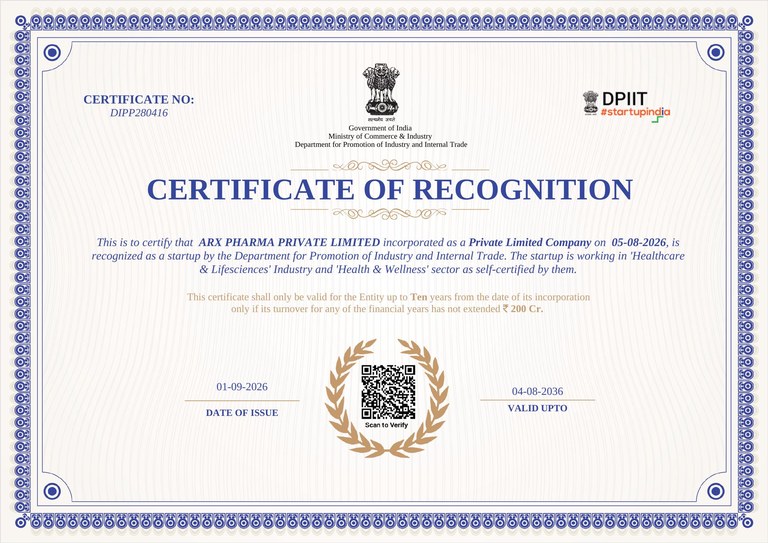 DPIIT Certificate of Recognition DIPP280416 issued by the Department for Promotion of Industry and Internal Trade to ARX PHARMA PRIVATE LIMITED
