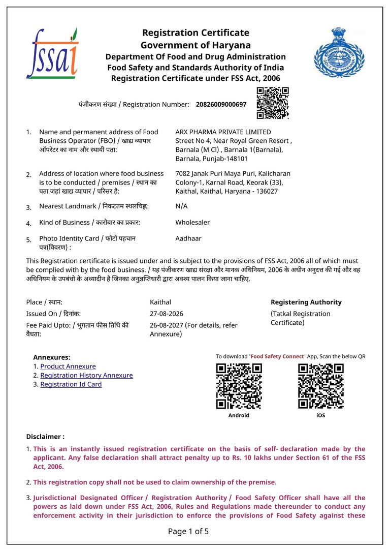 FSSAI Registration Certificate issued under the FSS Act 2006 by the Government of Haryana to ARX PHARMA PRIVATE LIMITED