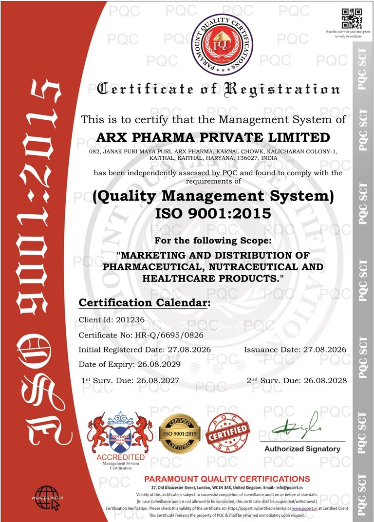 ISO 9001:2015 Quality Management System certificate issued by Paramount Quality Certifications to ARX PHARMA PRIVATE LIMITED